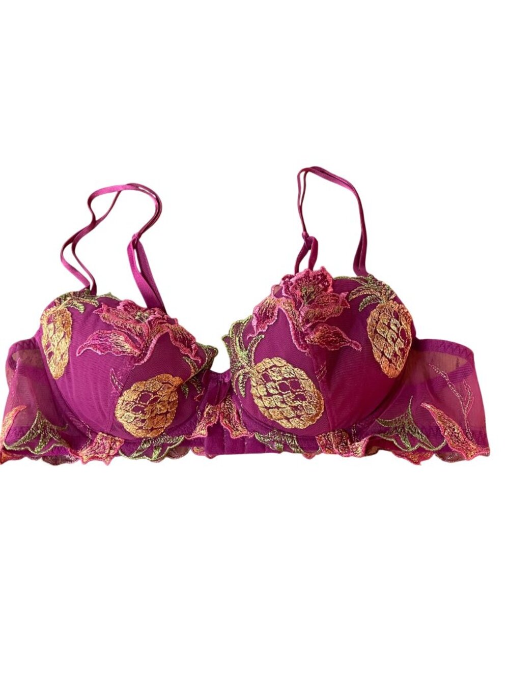 Simone Perele Tropical Pineapple Embroidered Mesh Bra Pink Sz 36A Underwire